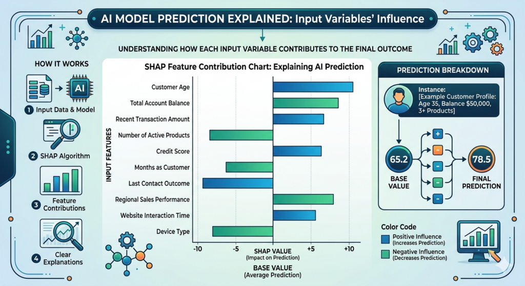 SHAP feature contribution chart explaining how input variables influence an AI model’s prediction.