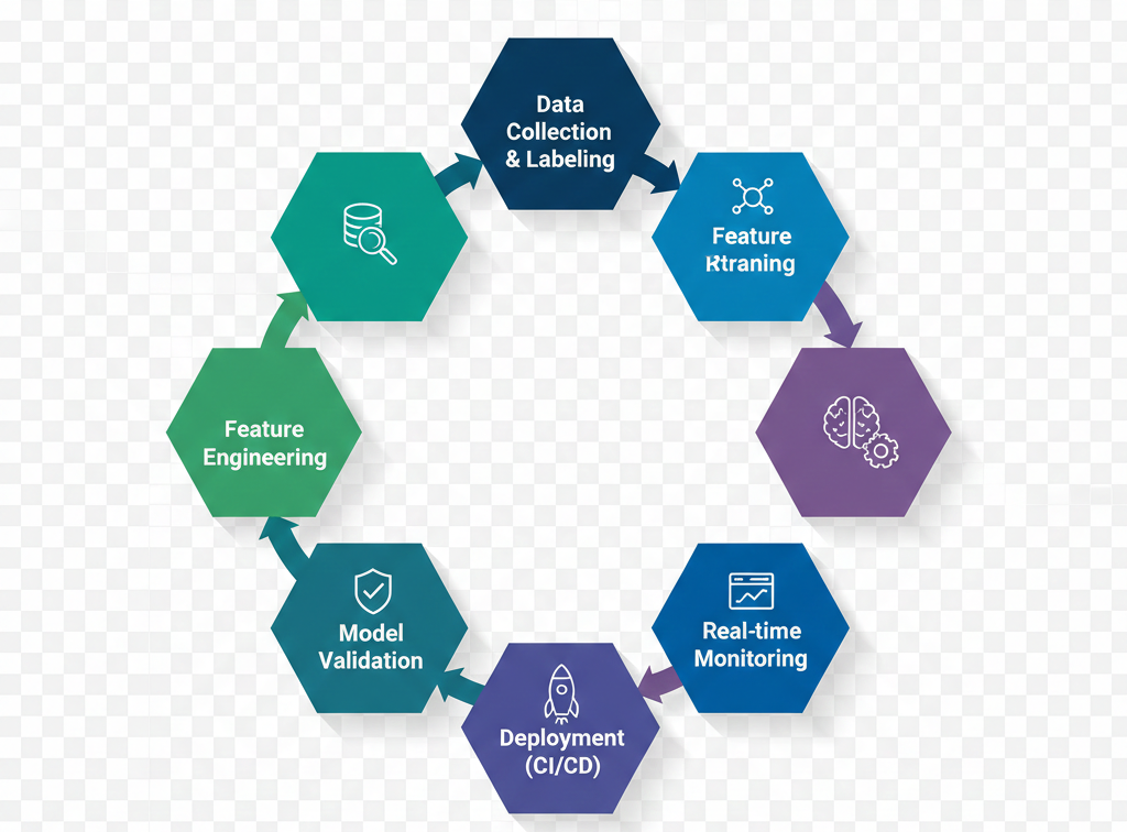 MLOps lifecycle flowchart showing data collection, model training, deployment, monitoring, and continuous retraining stages