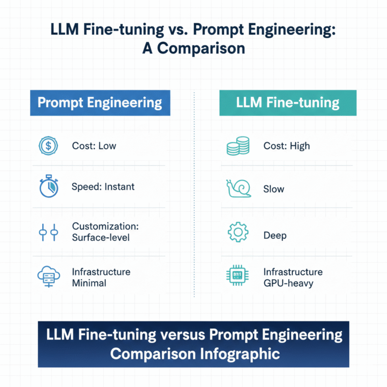 Prompt engineering workflow diagram illustrating structured input design, context injection, and LLM output optimization.