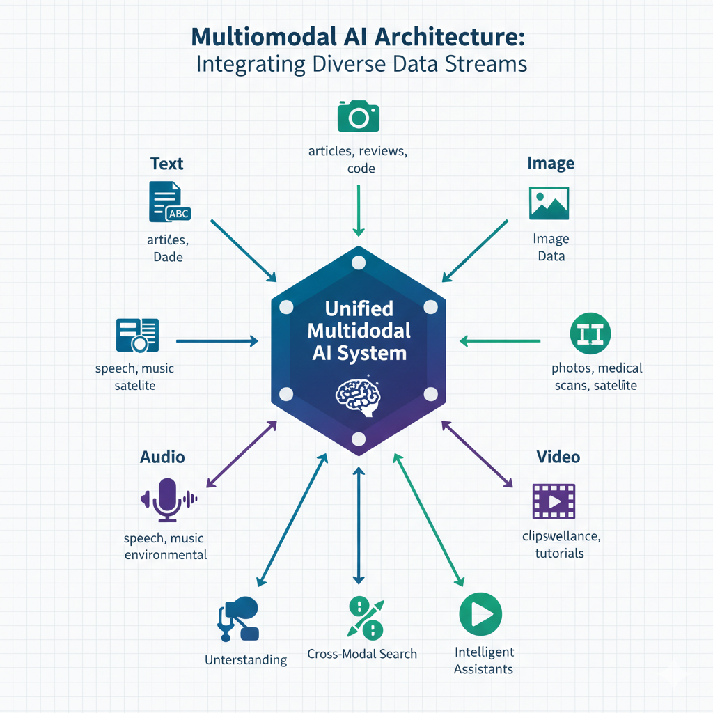 Diagram showing multimodal AI integrating text, image, audio, and video data into a unified system