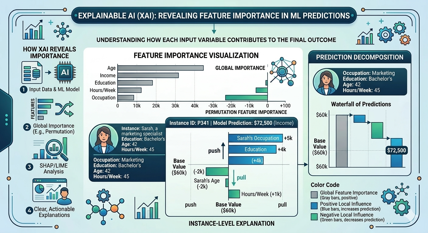 Visualization showing how explainable AI reveals feature importance behind machine learning predictions.