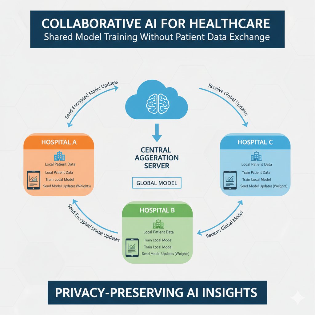 Illustration of multiple hospitals collaboratively training a shared AI model without exchanging patient data.