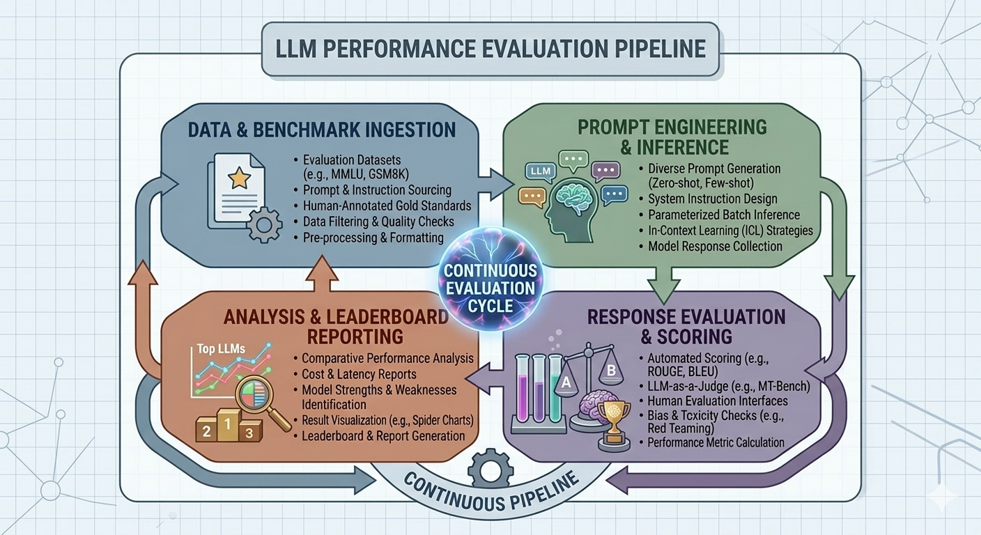 Architecture diagram illustrating the evaluation pipeline for testing and benchmarking LLM performance