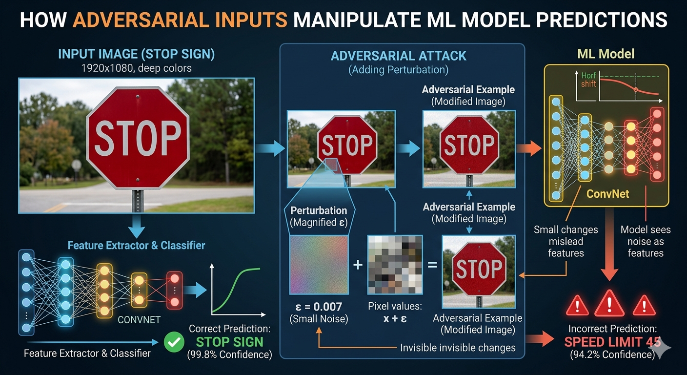 Visualization demonstrating how adversarial inputs can manipulate machine learning model predictions.