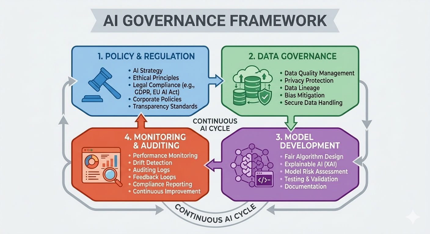 AI governance framework diagram showing policy, data governance, model development, and monitoring components.