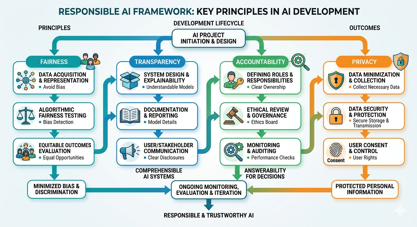Responsible AI framework illustrating fairness, transparency, accountability, and privacy principles in AI development.